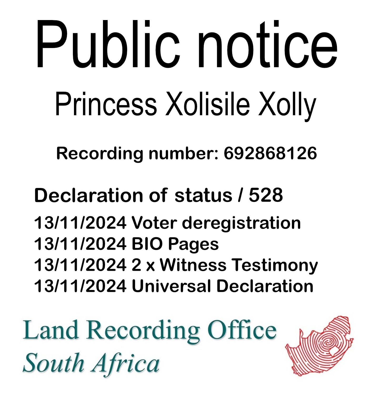 Public notice Princess Xolisile Xolly Recording number 692868126